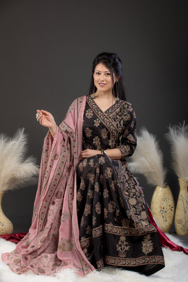 Black Pink Angrakha Anarkali Gown Set - Image 2