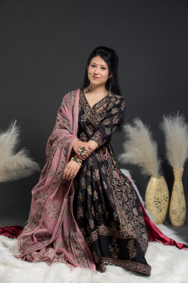 Black Pink Angrakha Anarkali Gown Set - Image 3