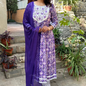 Purple Floral Print Anarkali Cotton Set